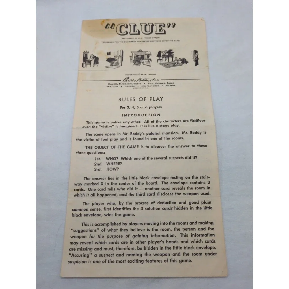 *Damaged* Vintage 1950 Clue Parker Brothers Rulebook